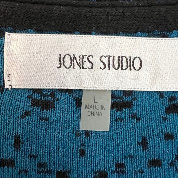 Jones Studio Womens Cardigan L Blue Black Abstract Open Front Drape Hem Sweater - Picture 4 of 6